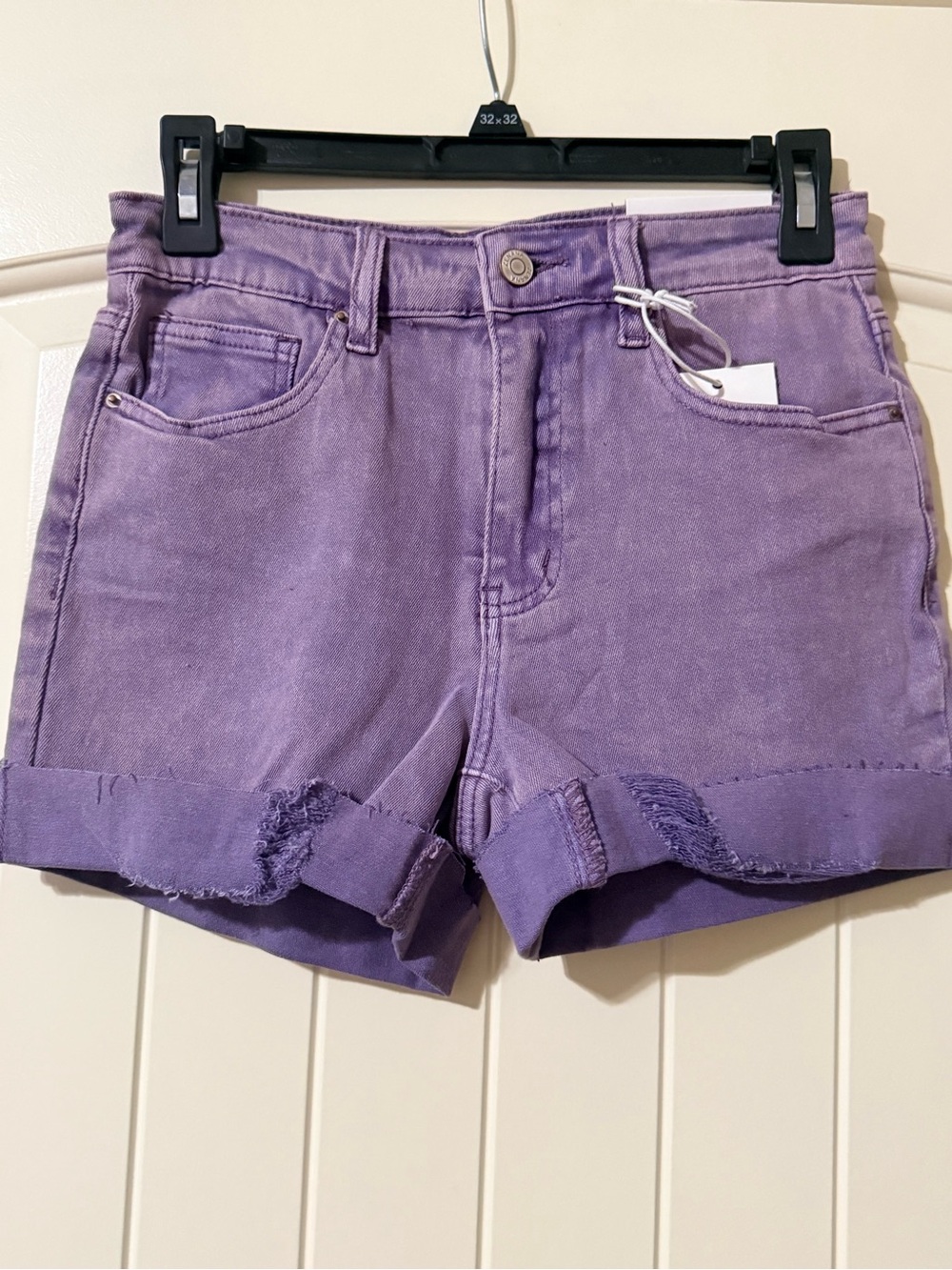 Zenana Women's Purple Denim Roll-Cuff Shorts, Swipe to See Second Pair.